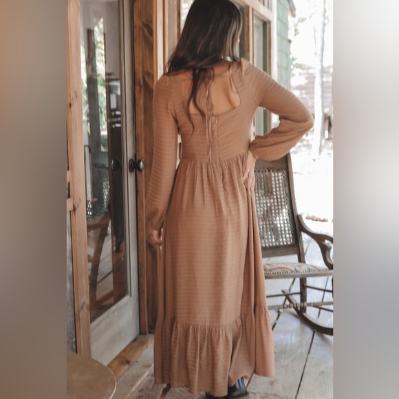 NWT Square neckline long sleeve striped mocha midi dress small medium large - Picture 3 of 6